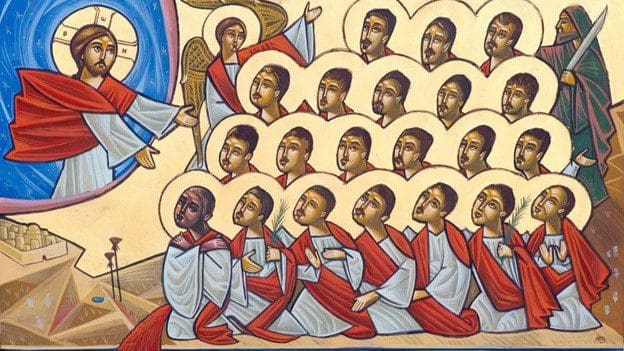 The icon of the 2015 kidnapping and execution of the 21 Coptic Martyrs in Libya is one of the most recognizable modern icons in the Coptic Orthodox Church. It depicts the twenty-one martyrs dressed in orange garments, standing together in faith moments before their execution on a beach in Libya by ISIS militants in February 2015. In many icons, Christ is shown above them welcoming them into heaven, emphasizing their steadfast faith and martyrdom. The icon symbolizes courage, unity, forgiveness, and unwavering commitment to Christ even in the face of death. The martyrs were canonized by the Coptic Church shortly after their deaths and are commemorated annually on February 15.